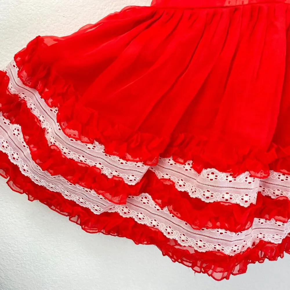 Vintage Girls Red Nylon Chiffon Dress Lace Puff Sleeve Holiday Christmas Size 6